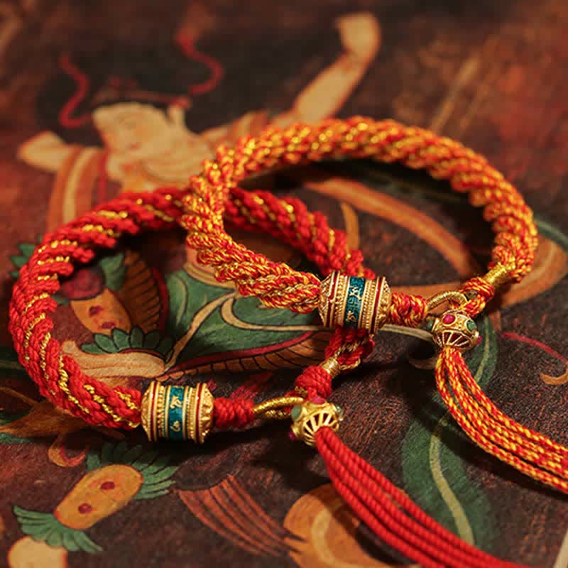 Pulsera de hilo tejido con amuleto de la suerte Thangka tibetano Mythstone hecha a mano