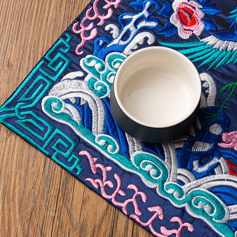 Mythstone Phoenix Dragon Kirin Embroidery Cup Mat Pad Tea Cup Coaster Kung Fu Tea Mat