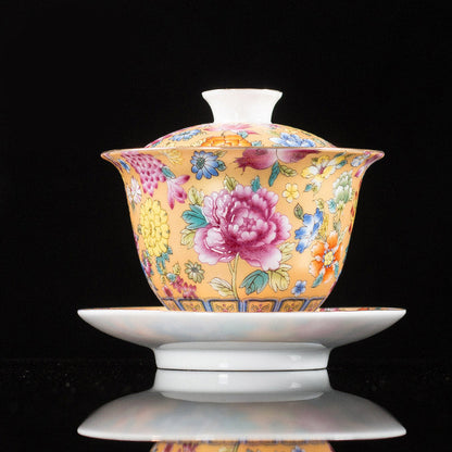 Mythstone Peony Flowers Ceramic Gaiwan Sancai Teacup Kung Fu Tea Cup And Saucer With Lid