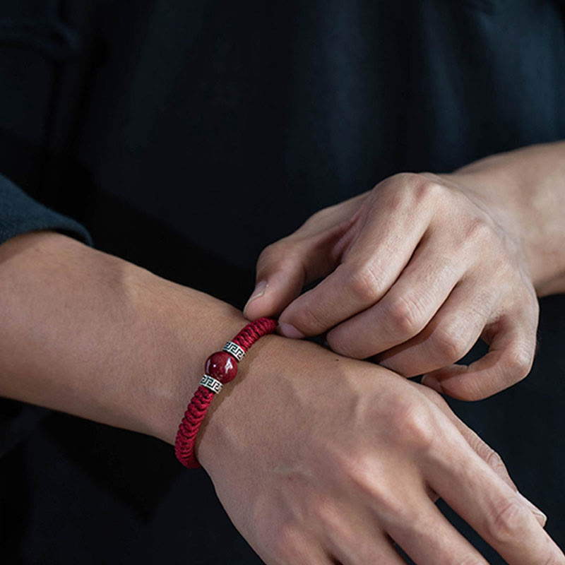 Mythstone 925 Sterling Silver Natural Cinnabar Bead Calm Handmade Braided String Bracelet