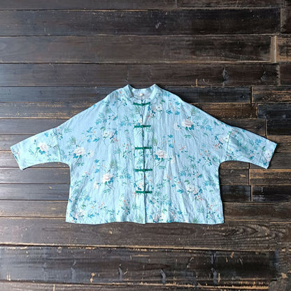 Mythstone Light Green Pink Flowers Green Leaves Frog-Button Long Sleeve Ramie Linen Jacket Shirt