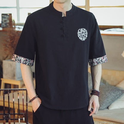 Mythstone Frog-Button Dragon Embroidery Chinese Tang Suit Short Sleeve Shirt Linen Men Clothing