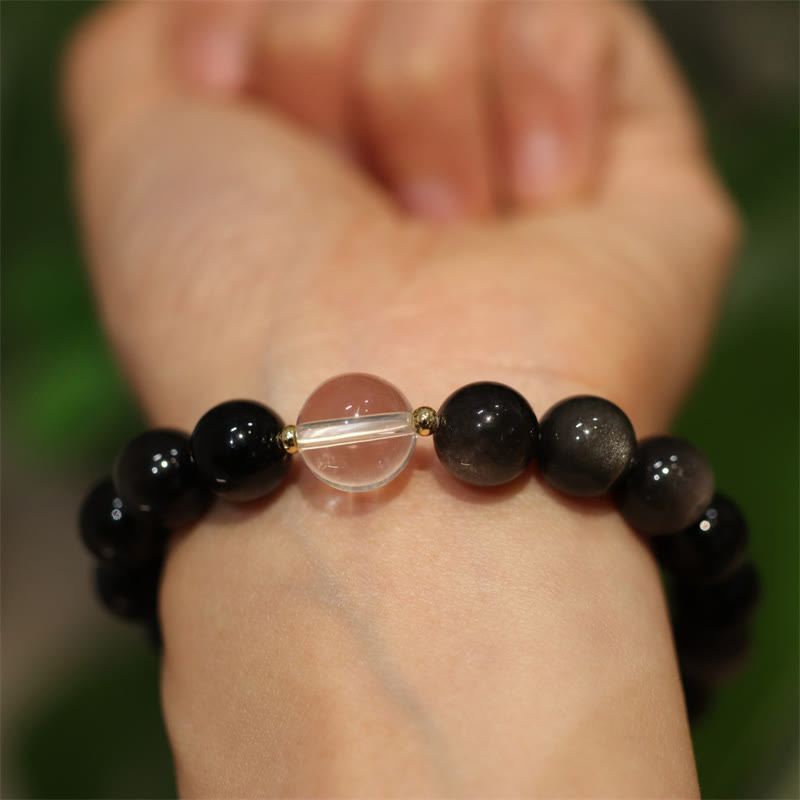 Pulsera de pareja con protección de color Yin Yang y cristal blanco y obsidiana con brillo plateado natural y piedra mitológica