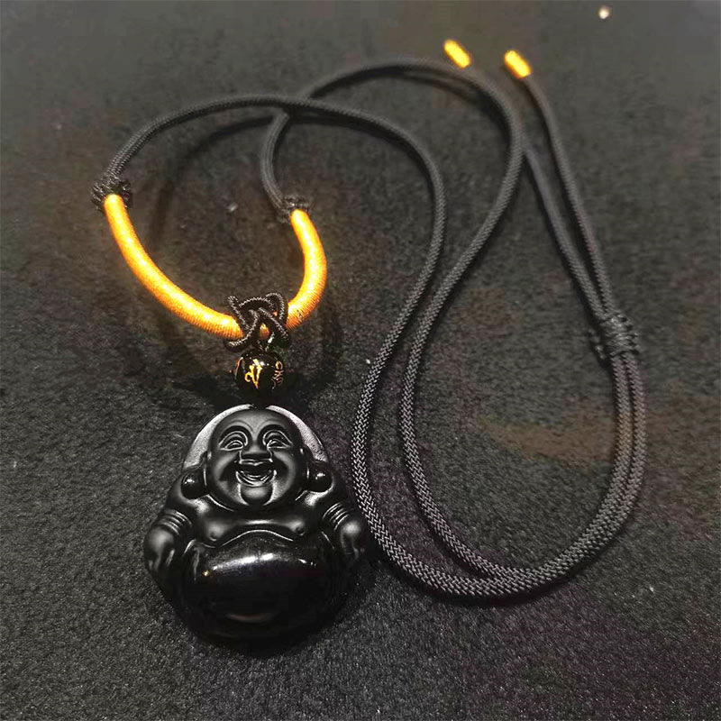 Colgante de collar de purificación de Buda sonriente con obsidiana negra natural y obsidiana de hielo de Mythstone 