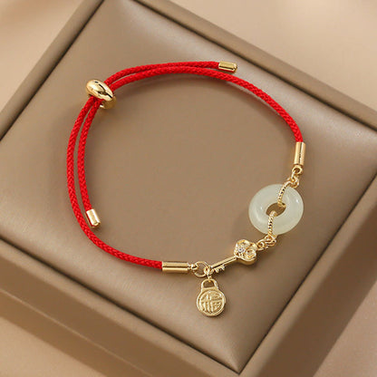 Mythstone 18K Gold Plated Hetian Jade Peace Buckle Fu Character Luck Red Rope Bracelet