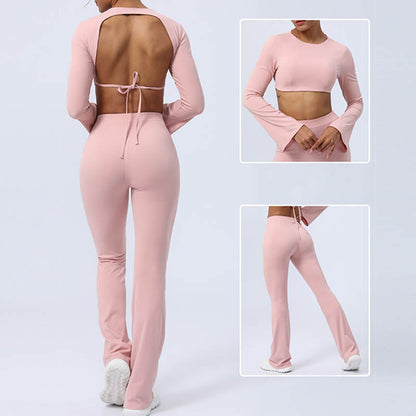 Mythstone Long Sleeve Backless Strap Top Bra Flare Pants Fitness Yoga Outfit