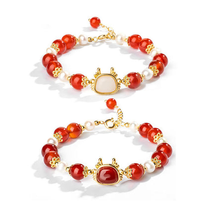 Mythstone 14K Gold Plated Year Of The Dragon Natural Red Agate Pearl Protection Fu Character Chain Bracelet