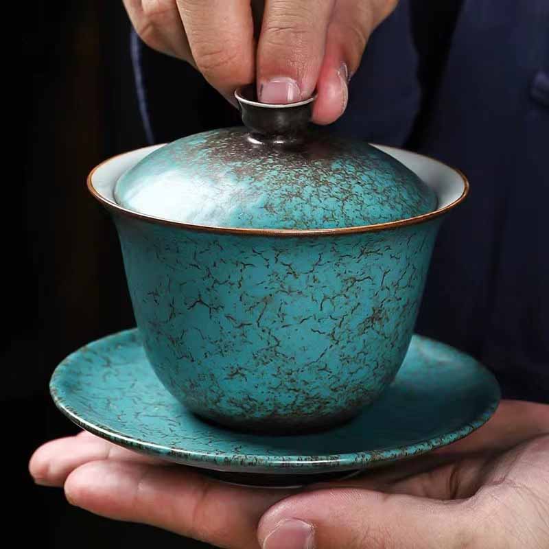 Mythstone Traditional Pine Tree Green Ceramic Gaiwan Sancai Teacup Kung Fu Tea Cup And Saucer With Lid