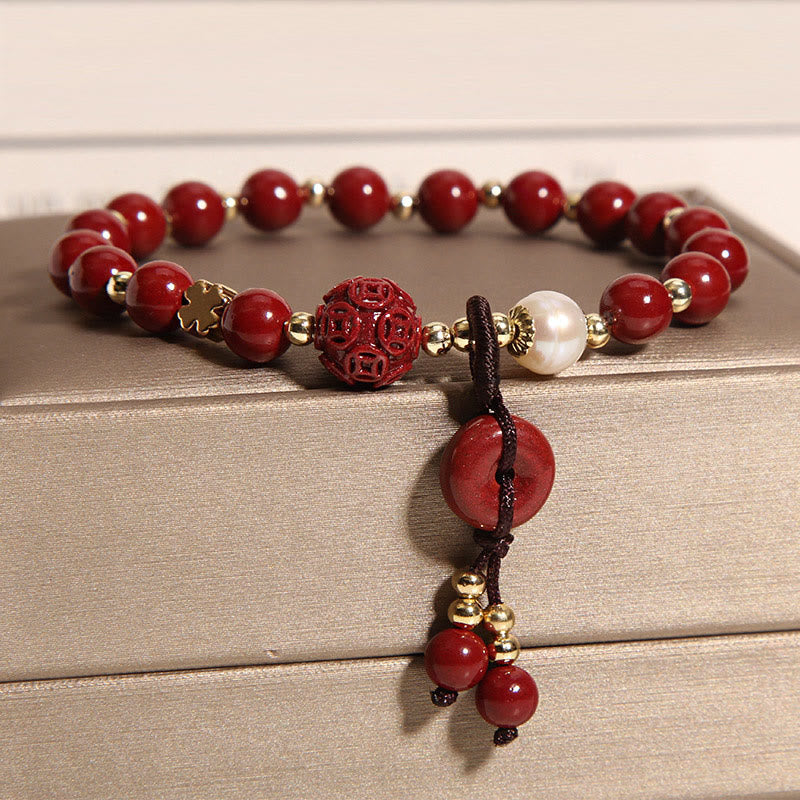 Mythstone Natural Cinnabar Peace Buckle Copper Coin Charm Blessing Bracelet