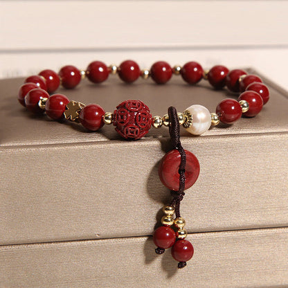 Mythstone Natural Cinnabar Peace Buckle Copper Coin Charm Blessing Bracelet