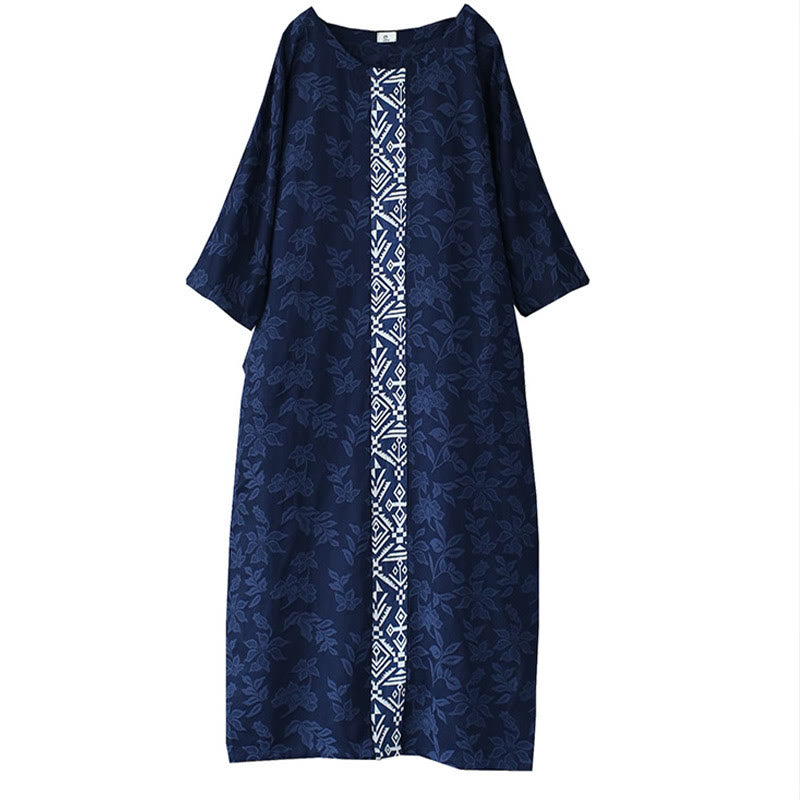 Mythstone Blue Flowers Embroidery Jacquard Midi Dress Three Quarter Sleeve Cotton Dress With Pockets