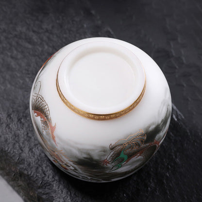 Mythstone Dragon Gilt Gourd Ceramic White Porcelain Teacup Kung Fu Tea Cup 160ml