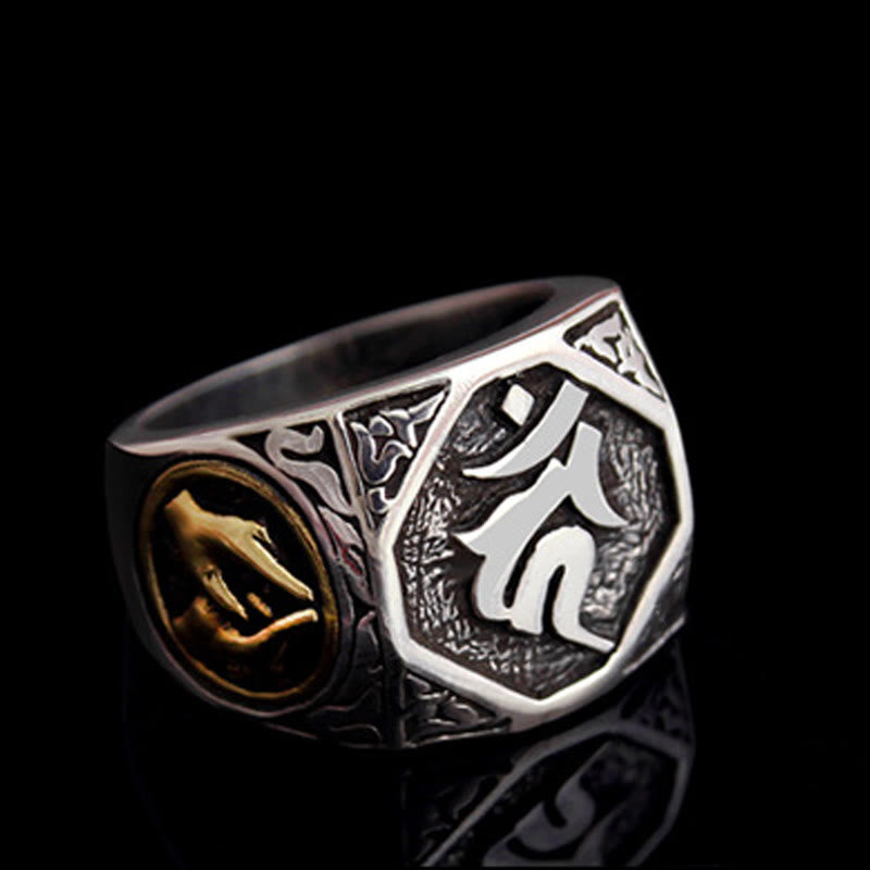 Anillo ajustable de protección tallado con diseño sánscrito en plata de ley 925 Mythstone