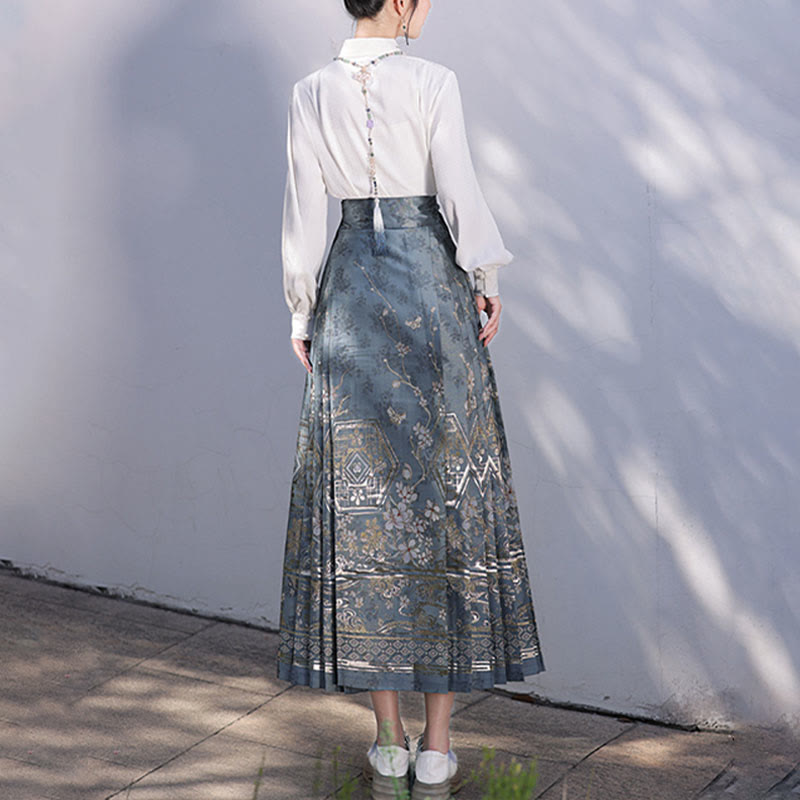 Mythstone Chinese Hanfu Blue Patio Plum Blossoms Printed Horse Face Skirt Mamianqun