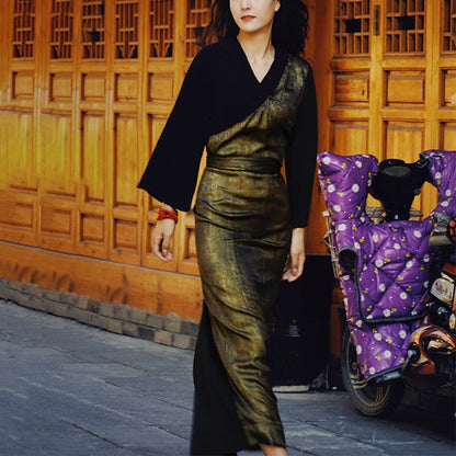 Mythstone Tibetan Dress Clothing Lhasa Gold Black Long Wrap Dress Maxi Dress Women Clothing