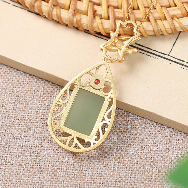 Mythstone Vintage Flower Jade Plated Gold Prosperity Necklace Pendant