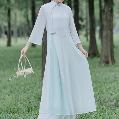 Mythstone Three Quarter Sleeve Chiffon Cheongsam Midi Dress Wide Leg Pants Meditation Zen Practice Clothing