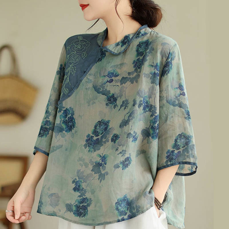 Mythstone Blue Jacaranda Flower Design Three Quarter Sleeve Ramie Linen Shirt