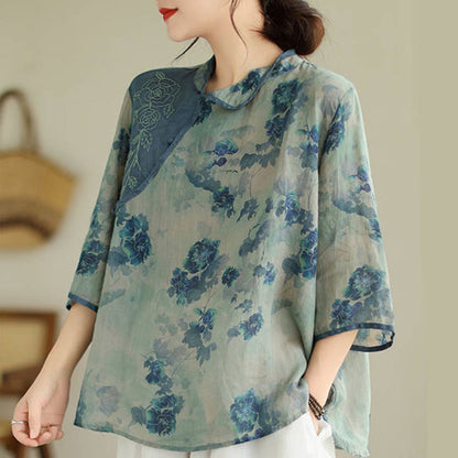 Mythstone Blue Jacaranda Flower Design Three Quarter Sleeve Ramie Linen Shirt