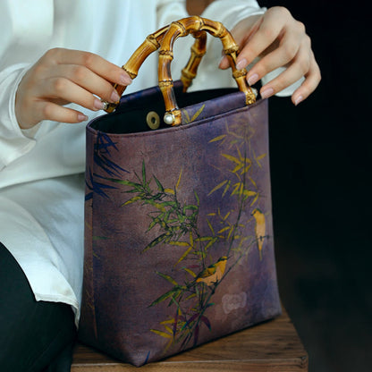 Mythstone Purple Magpie Birds Branches Bamboo Handles Handbag