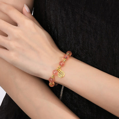 Mythstone 14K Gold Plated Natural Strawberry Quartz Fu Character Positive Charm Bracelet