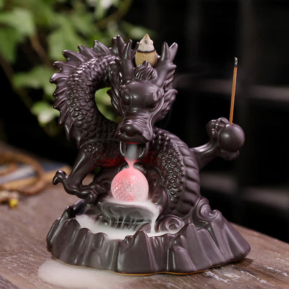 Mythstone Auspicious Dragon Ceramic Backflow Smoke Fountain Meditation Healing Incense Burner Led Ball Decoration