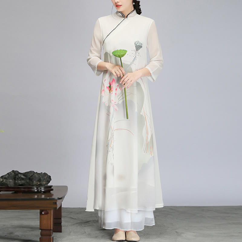 Mythstone Lotus Flower Pod Chiffon Cheongsam Midi Dress Meditation Zen Practice Clothing