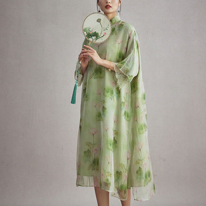 Mythstone 100% Mulberry Silk Organza Green Lotus Leaf Pink Lotus Print Qipao Cheongsam Dress