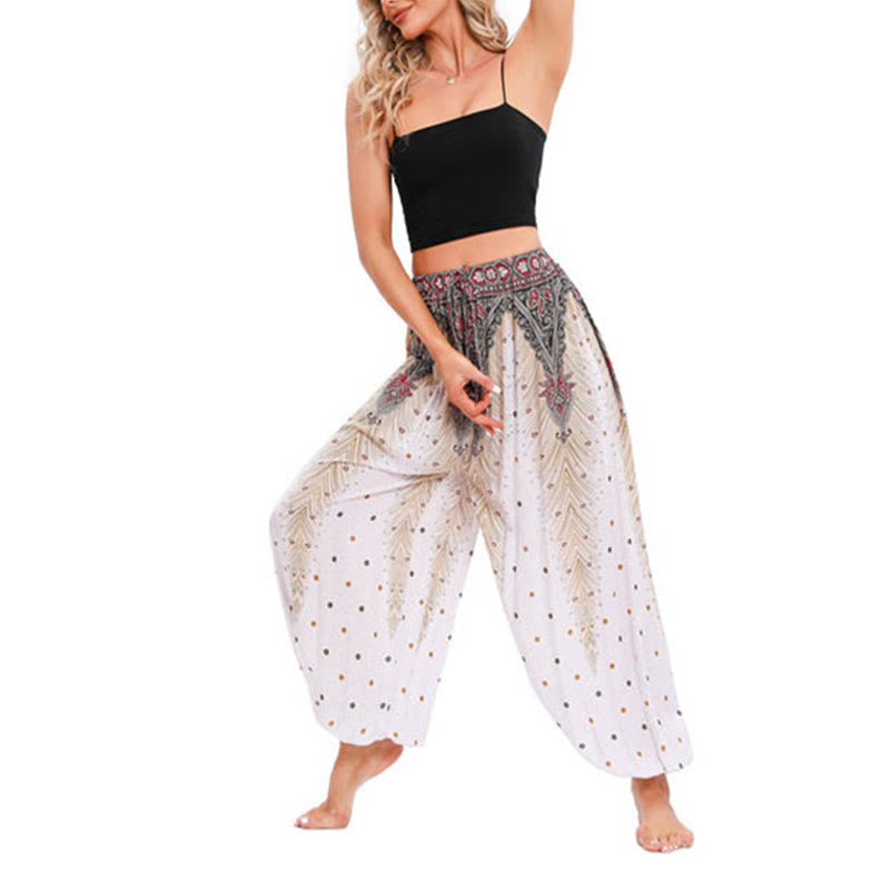 Mythstone Peacock Feather Pattern Loose Harem Trousers Women's Yoga Pants