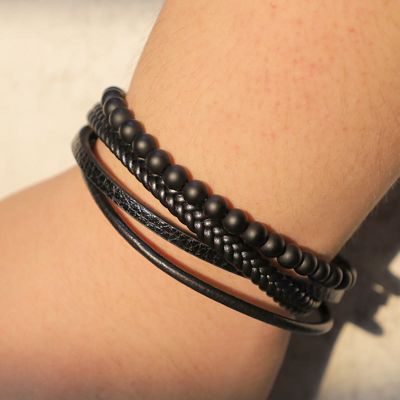 MythStone Natural Lava Rock Black Onyx Bead Leather Bracelet