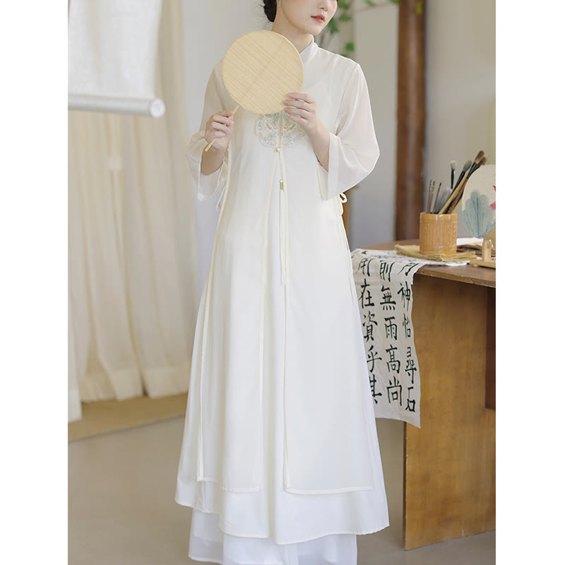 Mythstone Embroidery Chiffon Cheongsam Midi Dress Wide Leg Pants Meditation Zen Practice Clothing