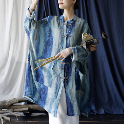 Mythstone Blue White Beige Small Flower Frog-button Design Long Sleeve Ramie Linen Jacket Shirt With Pockets