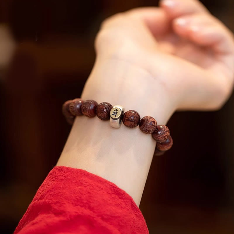 Mythstone Chinese Zodiac Natal Buddha Small Leaf Red Sandalwood Om Mani Padme Hum Protection Bracelet