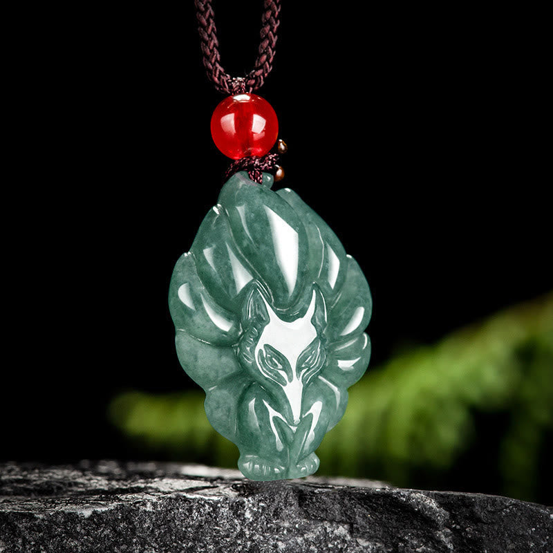 Mythstone Natural Green Jade Nine-Tailed Fox Luck Necklace Pendant