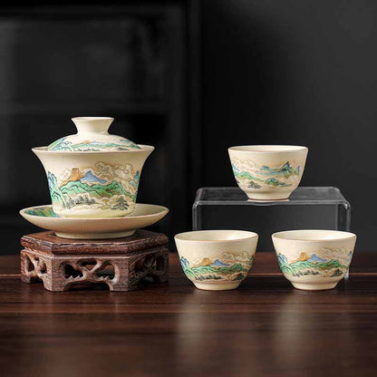 Mythstone A Panorama of Rivers and Mountains Flowers Ceramic Gaiwan Sancai Teacup Kung Fu Tea Cup And Saucer With Lid