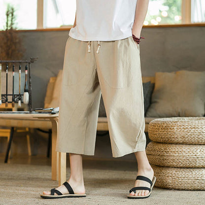 Mythstone Solid Color Mid-Length Wide Leg Pants Cotton Men's Wide Leg Pants With Pockets