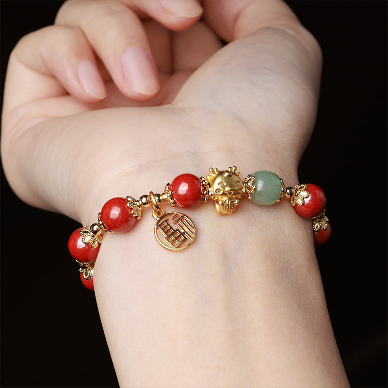 Mythstone Year of the Dragon Natural Cinnabar Fu Character Charm Blessing Bracelet