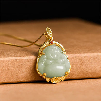 Mythstone 925 Sterling Silver Laughing Buddha Natural Hetian Jade Luck Prosperity Necklace Pendant