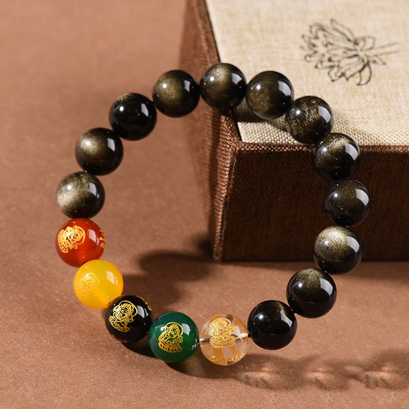 Mythstone Gold Sheen Obsidian Rainbow Obsidian Black Obsidian Five Directions Gods of Wealth Bracelet