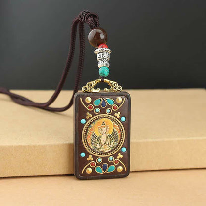 Colgante de collar de ébano con la paz y el dios de la riqueza del Thangka del Tíbet de Mythstone 