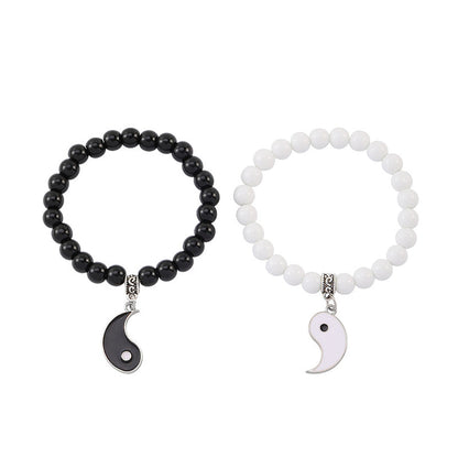 Pulsera de pareja con protección Yin Yang y cuentas de turquesa blanca y ónix negro de MythStone, 2 piezas 