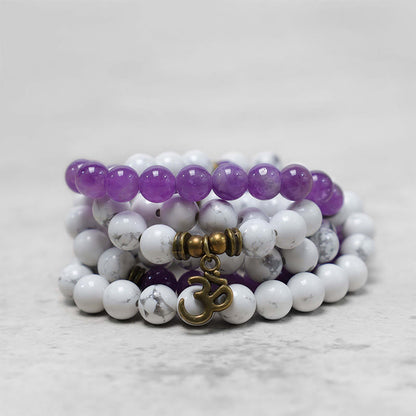 Mythstone 108 Mala Beads Amethyst White Turquoise OM Healing Meditation Energy Bracelet