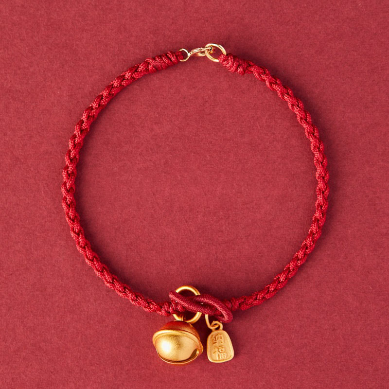 Mythstone Handmade Fu Character Charm Luck Happiness Bell Red Rope Bracelet