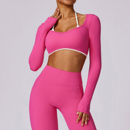 Mythstone Solid Color Halter Neck Bra Long Sleeve Crop Tank Top Pants Sports Fitness Gym Yoga Outfits