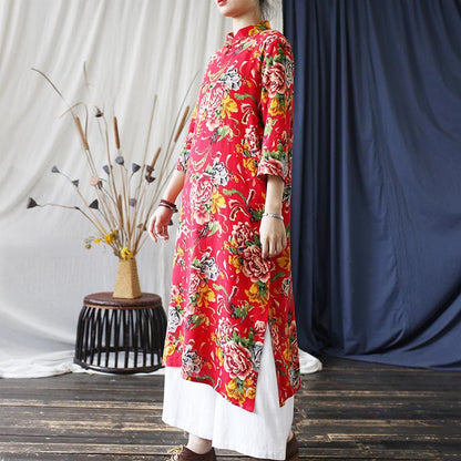 Mythstone Red Blue Peony Midi Dress Half Sleeve Cotton Linen Dress Wide Leg Pants With Pockets