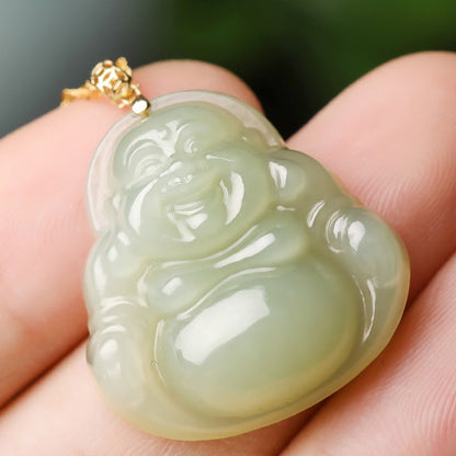 Mythstone 925 Sterling Silver Laughing Buddha Cyan Jade 18K Gold Success Necklace Pendant