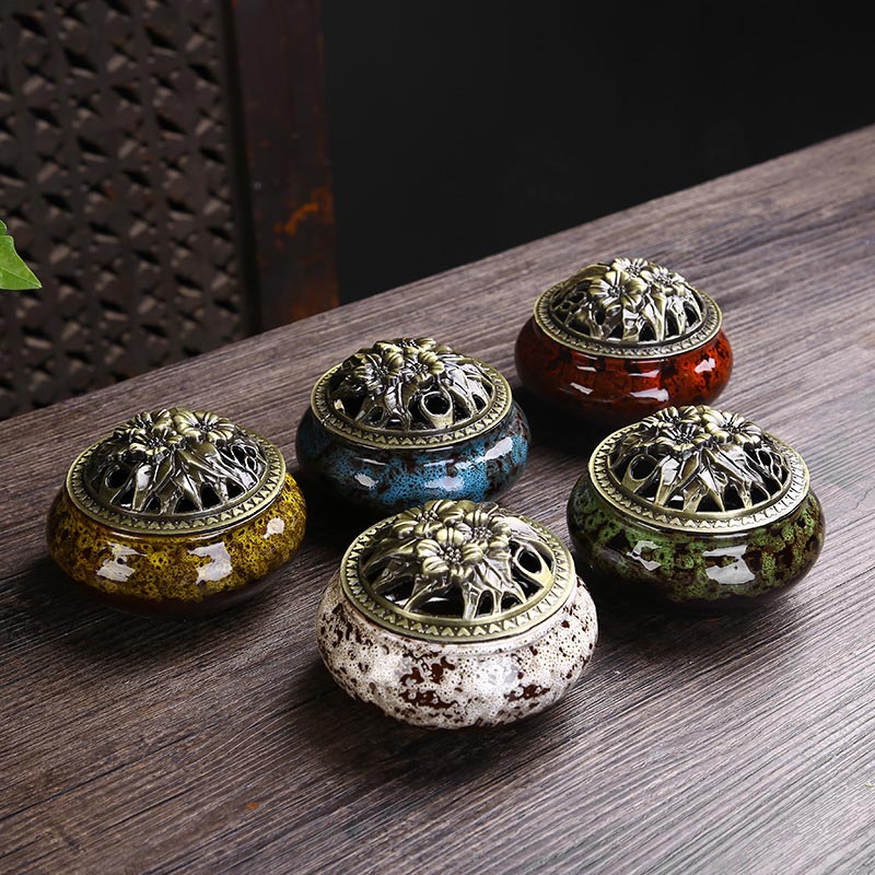 Mythstone Flower Pattern Ceramic Blessing Meditation Incense Burner Decoration