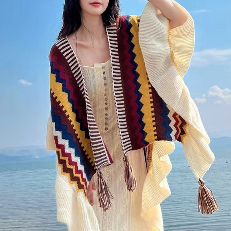 Mythstone Tibetan Shawl Colorful Striped Wavy Line Tassels Winter Cozy Travel Scarf Wrap