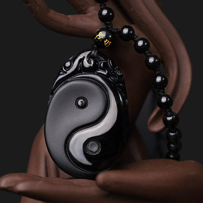 Mythstone Natural Black Obsidian Yin Yang Fulfilment Strength Necklace Pendant