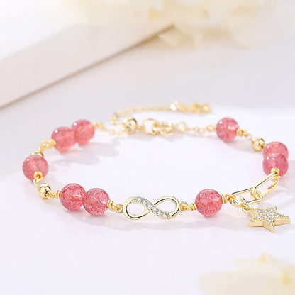 Mythstone 14K Gold Plated Natural Strawberry Quartz Moonstone Möbius Loop Eternal Love Star Positive Bracelet